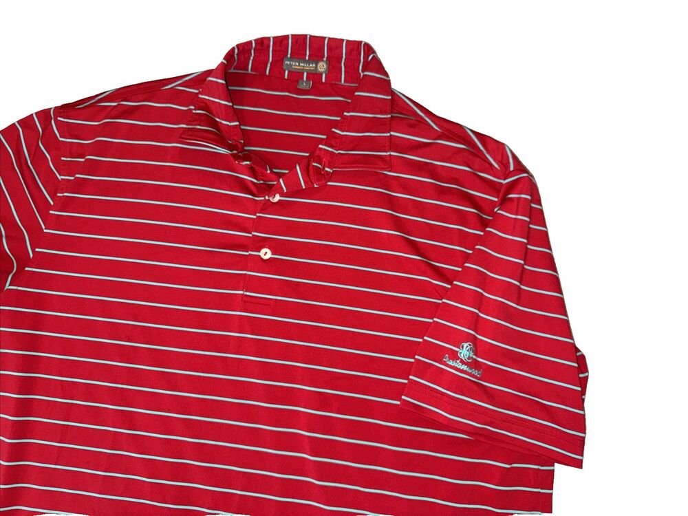 Peter Millar Summer Comfort Polo Shirt Golf L  Prestonwood Red Stripes Blue Mens